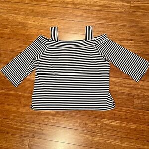 Cold shoulder black & white striped top with 3/4 sleeves. Chico’s Size 2(= sz L)